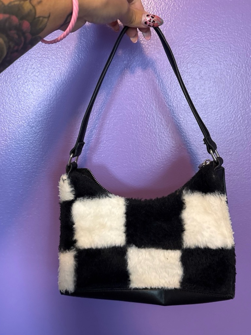 Steve Madden Black & White Checker Faux Fur Mini Shoulder Bag